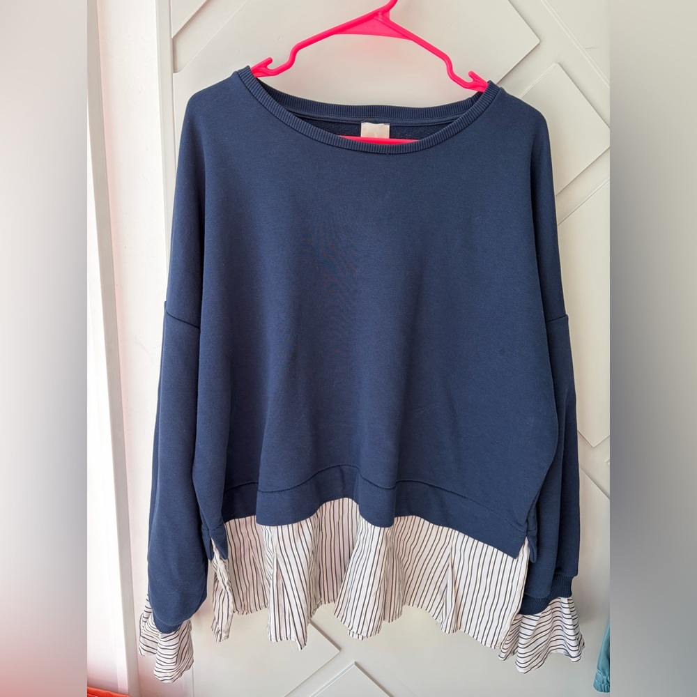 Maeve Anthropologie Striped Trim Twofer Sweatshirt Navy BLUE Size XL Preppy